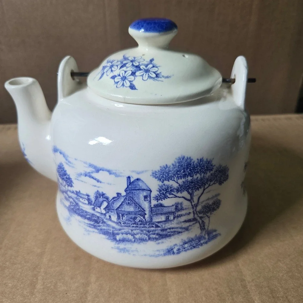 Vintage Blue White Ceramic Teapot Country Scene Windmill Wire Handle Japan Read!
